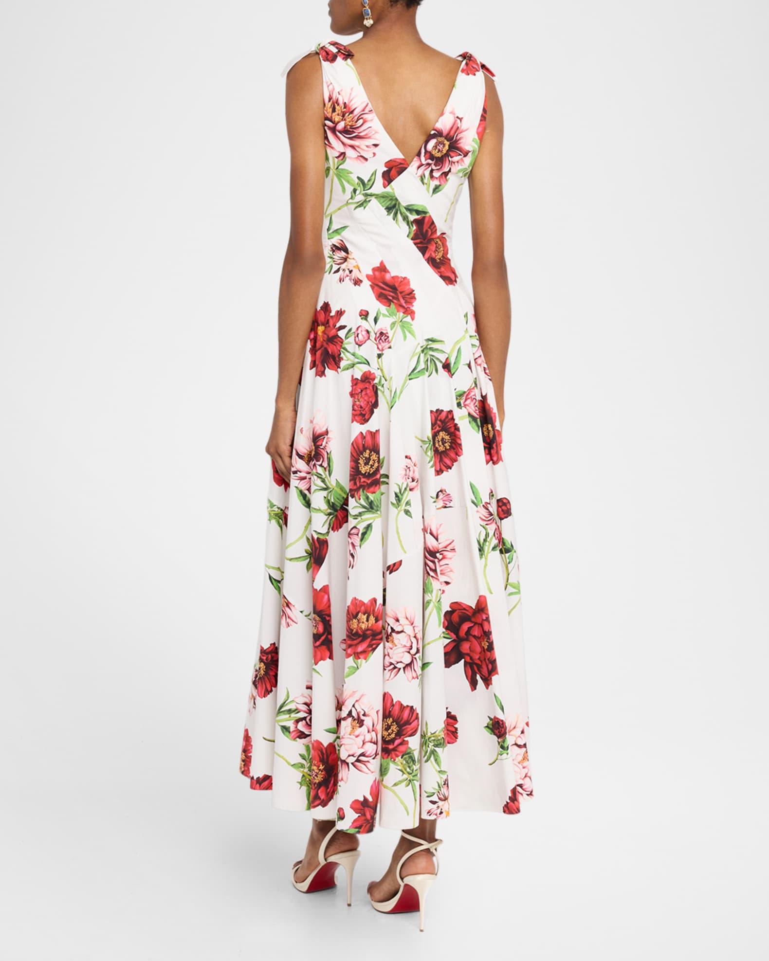 Sleeveless V-Neck Peony-Print Poplin Day Dress Product Image