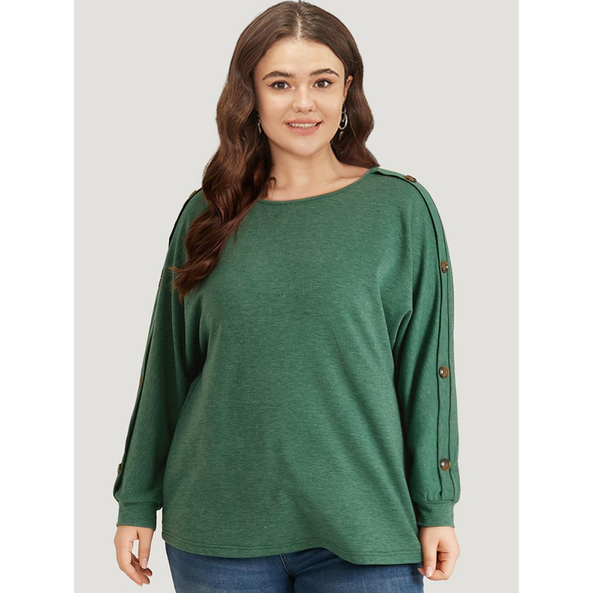 Plus Size Solid Round Neck Button Detail Dolman Sleeve Sweatshirt Women DarkGreen Casual Elastic cuffs Round Neck Dailywear Sweatshirts BloomChic 22-24/3X Product Image