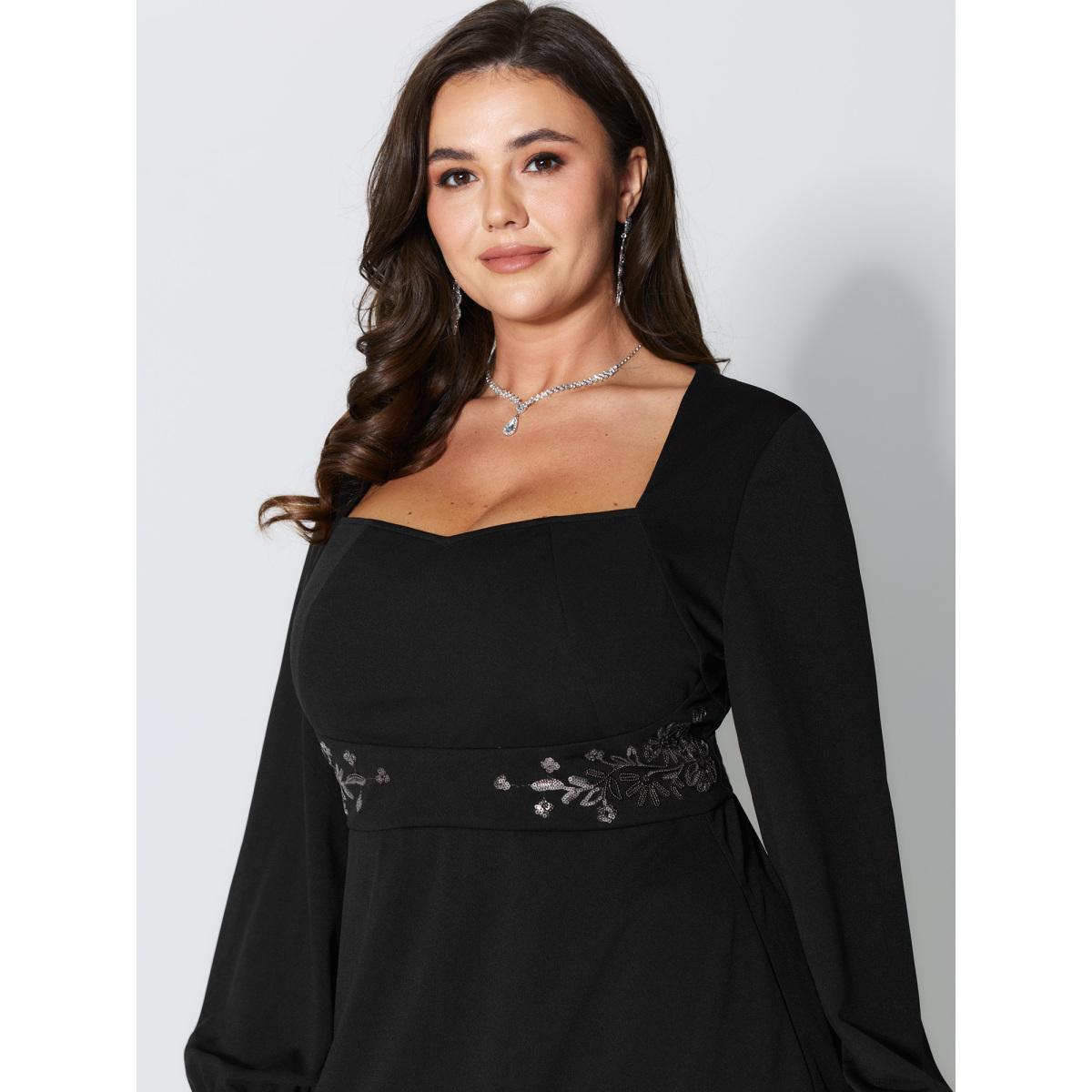 Plus Size Sequin Embroidery Waist-Defining Pocket Knee Dress Black Women Party&Cocktail Asymmetrical Neck Long Sleeve Curvy BloomChic 14-16/1X Product Image