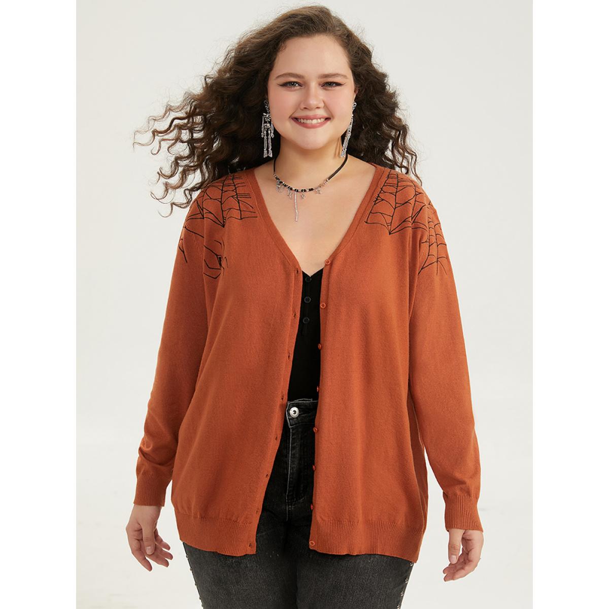 Plus Size Supersoft Essentials Halloween Spider Web Button Through Cardigan Rust Women Leisure Loose Long Sleeve Casual Cardigans BloomChic 18-20/2X Product Image