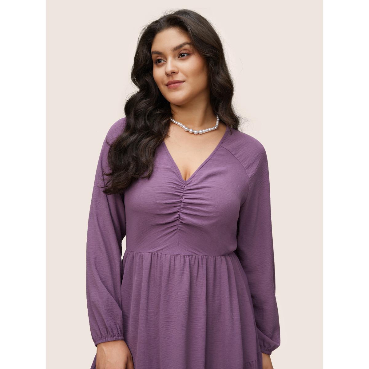 Plus Size Solid Ruched Raglan Sleeve Layered Hem Dress Mauve Women Elegant Elastic cuffs V-neck Long Sleeve Curvy Midi Dress BloomChic 12/L Product Image