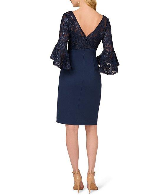 Adrianna Papell Floral Lace Boat Neck 3/4 Bell Cuff Gathered Dress Product Image