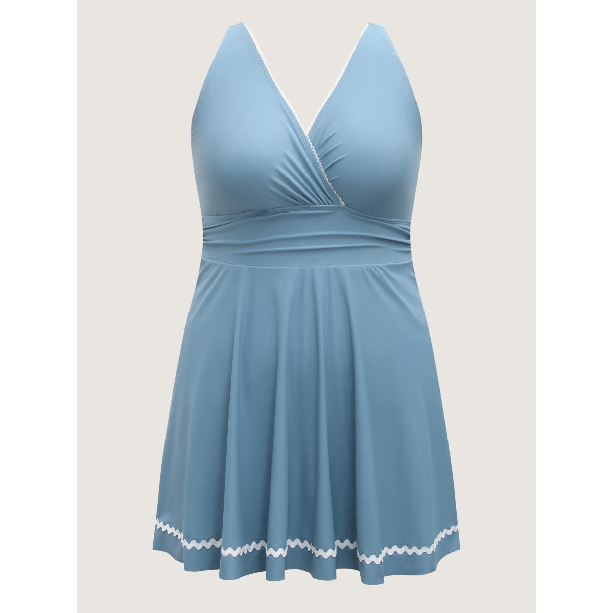 Plus Size Solid Webbed Surplice Swim Dress Women's Swimwear LightBlue Beach Bodycon Overlap Collar High stretch Curve Swim Dresses BloomChic 22-24/3X Product Image