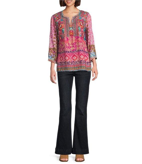John Mark Embroidered Floral Print Split V-Neck 3/4 Sleeve Tunic Product Image