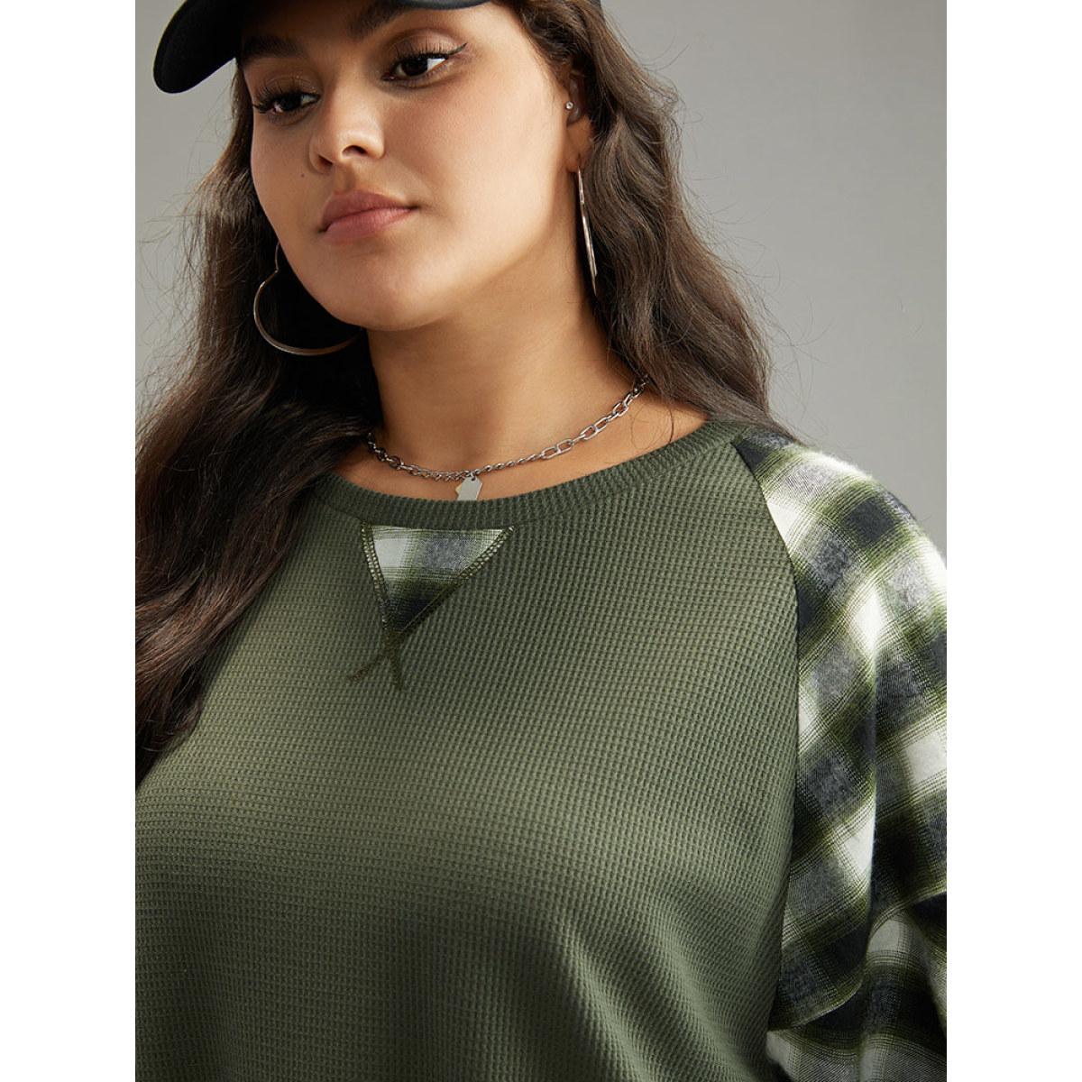 Plus Size Plaid Patchwork Rib Knit Elastic Cuffs Sweatshirt ArmyGreen Women Casual Elastic cuffs Plaid Round Neck Dailywear T-shirts BloomChic 14-16/1X Product Image