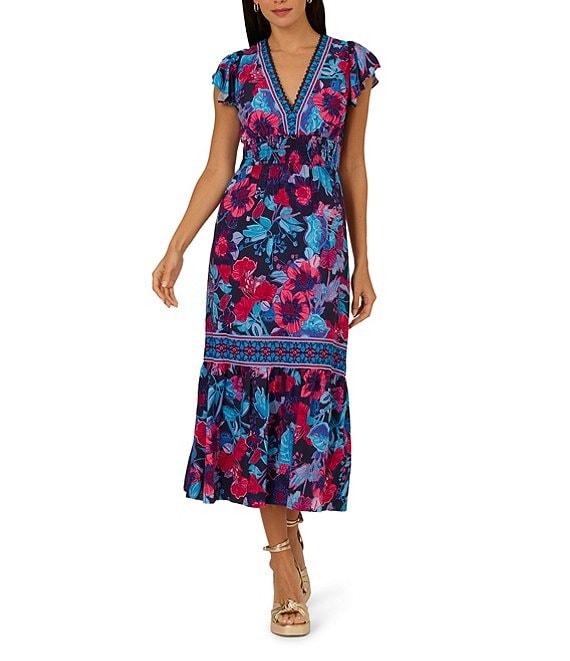 Adrianna by Adrianna Papell Floral V-Neckline Flutter Cap Sleeve Midi Dress Product Image