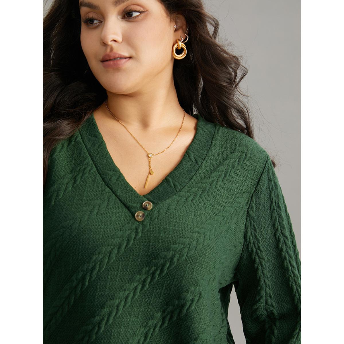 Plus Size Plisse Solid Button Detail Sweatshirt Women DarkGreen Elegant Texture V-neck Everyday Sweatshirts BloomChic 28/5X Product Image