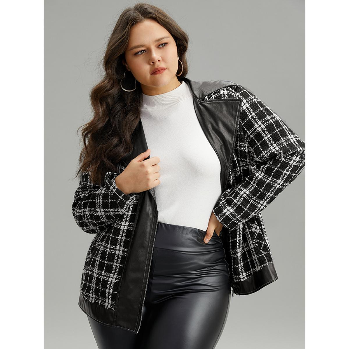 Plus Size Plaid PU Patchwork Zipper Fly Jacket Women Black Contrast Dailywear Jackets BloomChic 18-20/2X Product Image