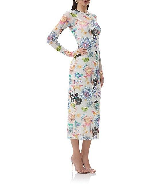 AFRM Ashland Floral Printed Mesh Crew Neck Long Sleeve Sheath Midi Dress Product Image
