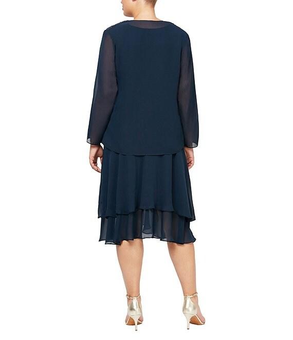 Ignite Evenings Plus Size Scoop Neck Long Sleeve Sequin Shoulder Midi Tiered Hem Jacket Dress Product Image