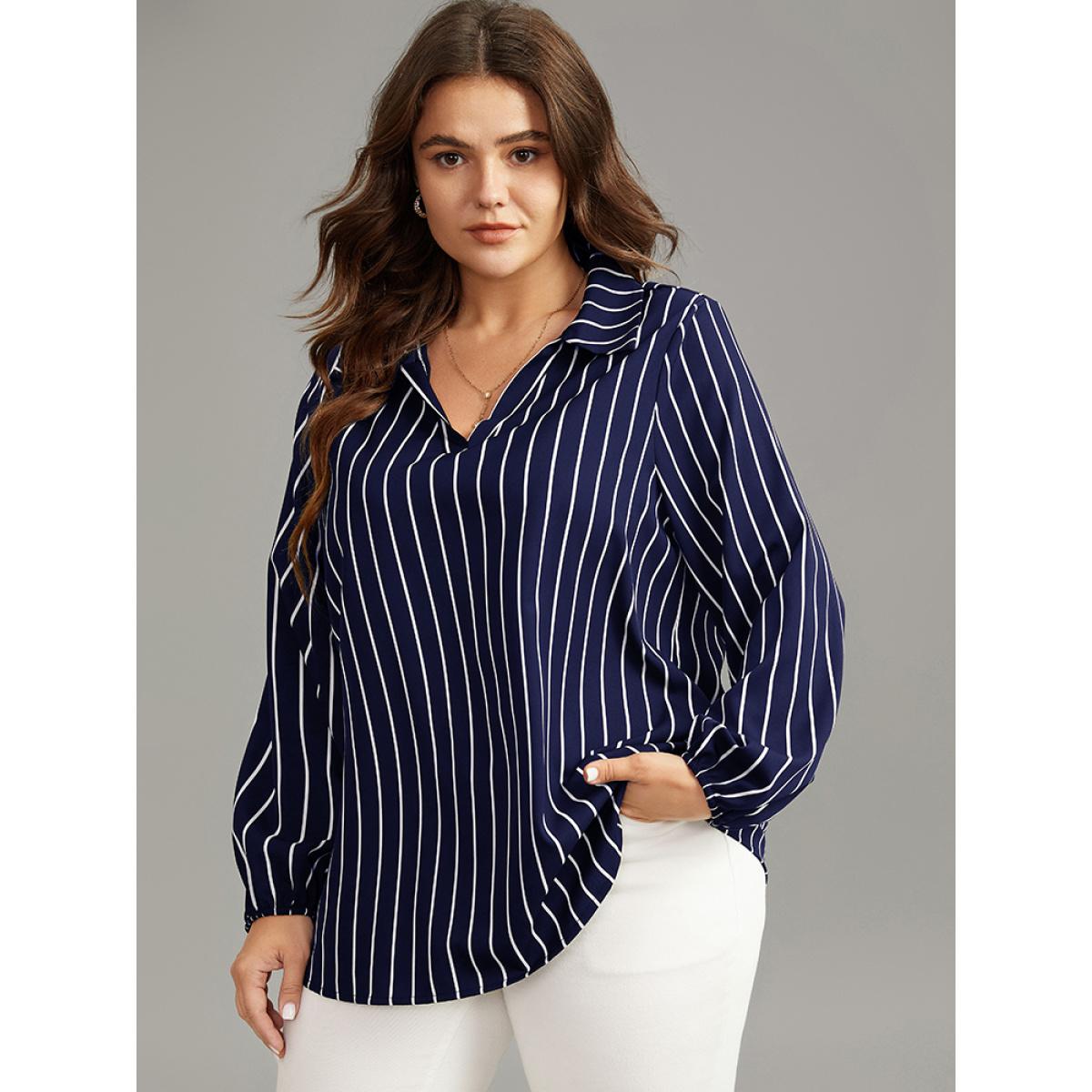 Plus Size Indigo Striped Shirt Collar Lantern Sleeve Blouse Women Office Long Sleeve Shirt collar Office Blouses BloomChic 10/M Product Image
