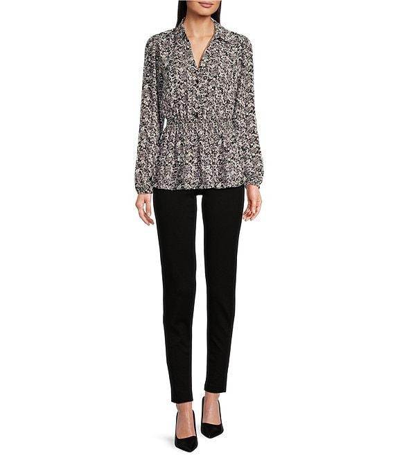 Michael Kors Printed Matte Satin Long Sleeve Collared Button Front Peplum Shirt Product Image