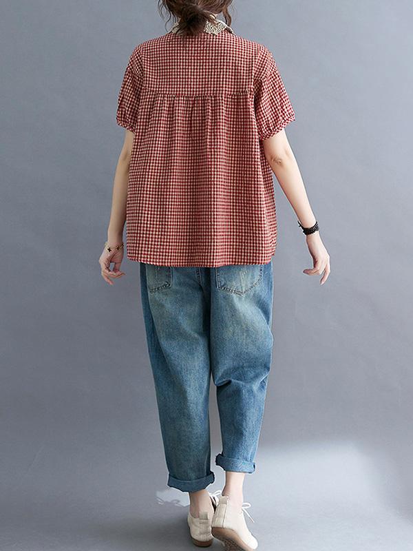 Cotton Blend Plaid Polo Puff Sleeve T-Shirts Tops Product Image