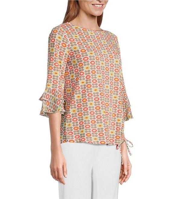 Multiples Slub Knit Georgette Floral Print Boat Neck 3/4 Sleeve Fitted Ruched Side Drawstring Top Product Image