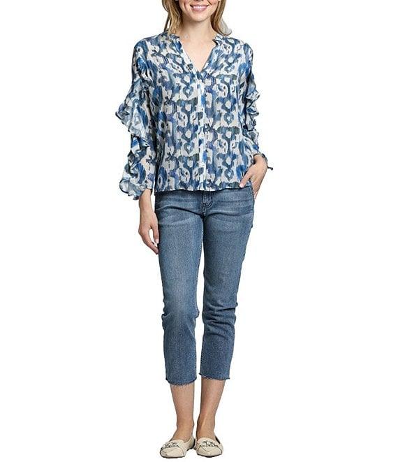 APNY Printed Split V-Neck Ruffle Sleeve Top Product Image