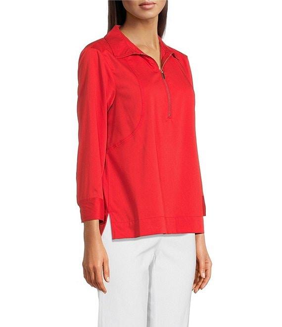 Ali Miles Woven Point Collar 3/4 Sleeves Quarter Zip-Up Tunic Product Image