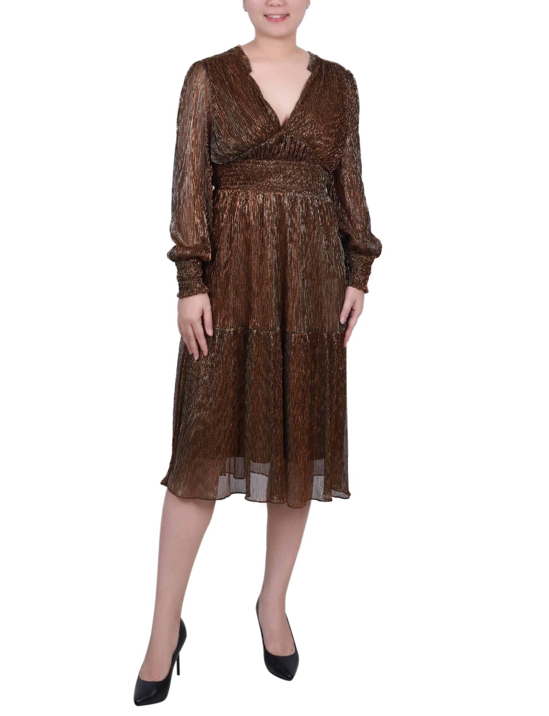 Bronze Long Sleeve Plisse Mesh Dress Product Image