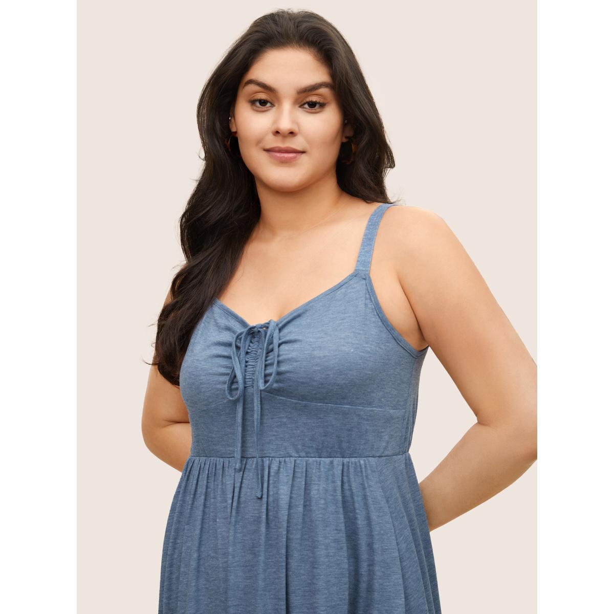 Plus Size Solid Ruffle Layered Hem Drawstring Cami Dress Stone Women Casual Non V-neck Sleeveless Curvy Midi Dress BloomChic 18-20/2X Product Image