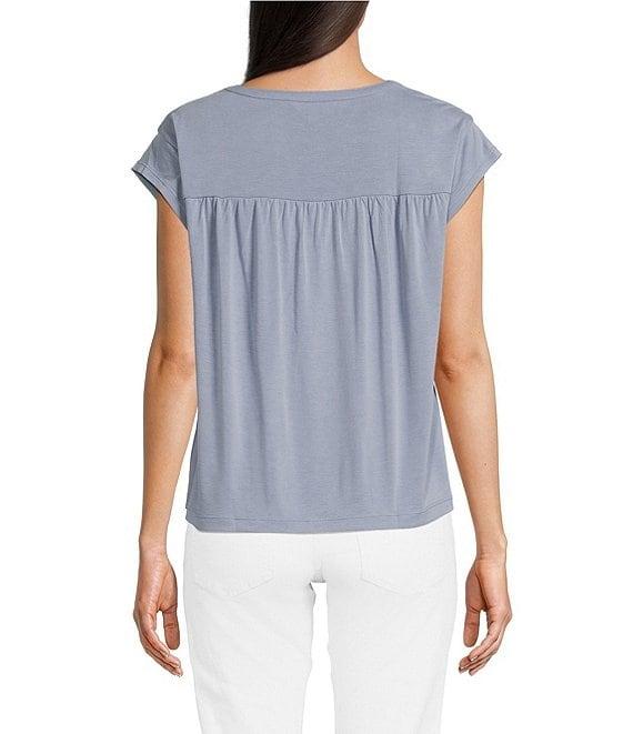 Lucky Brand Knit Crew Neck Short Sleeves Smocked Henley Top Product Image