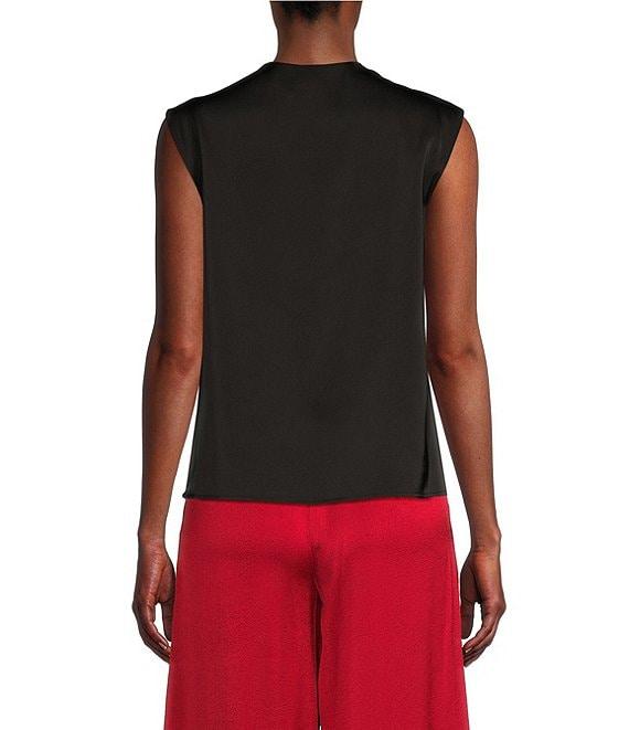 Donna Karan Draped Satin Sleeveless Mock Neck Gathered Shoulder Blouse Product Image