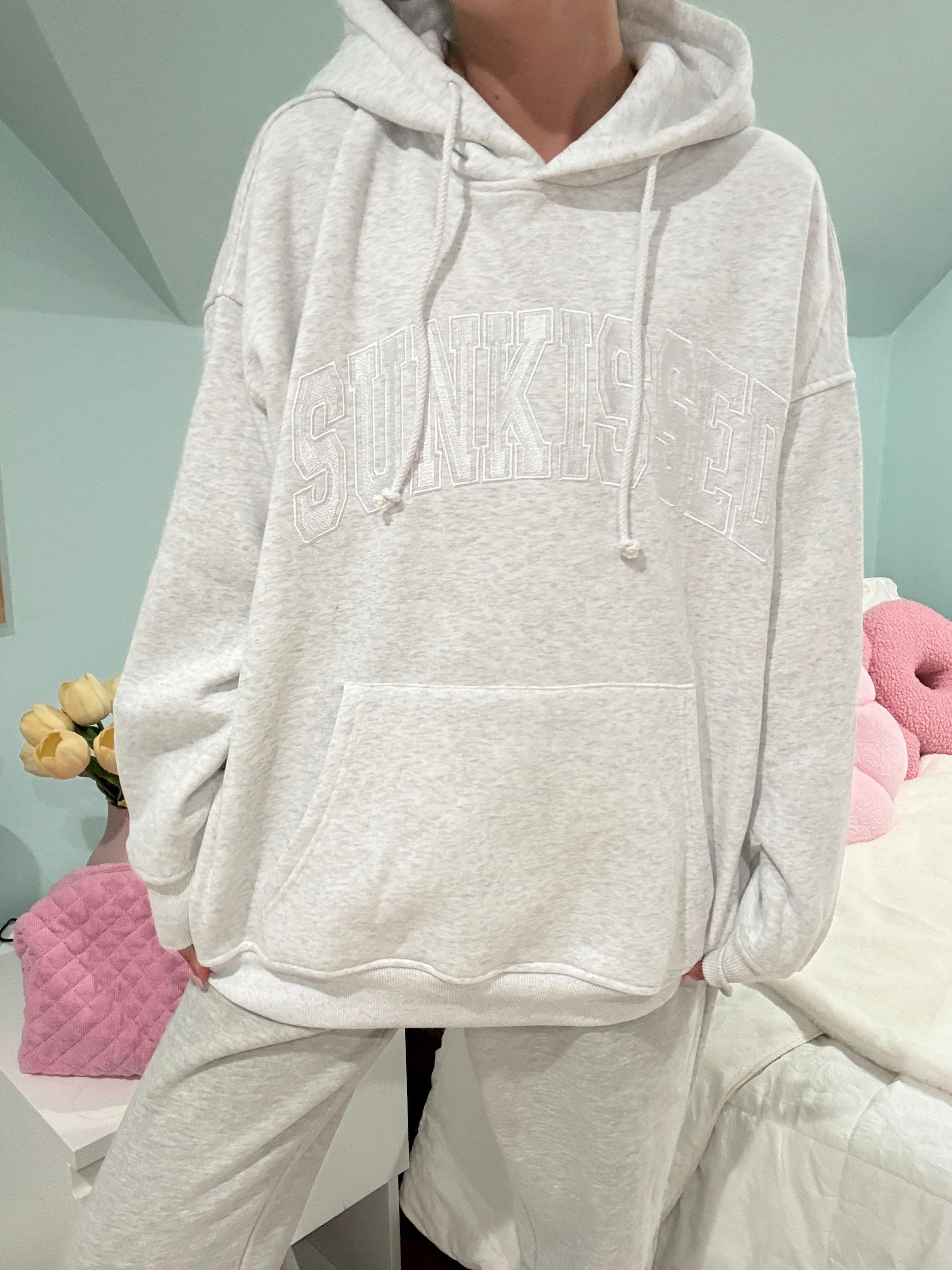 Pearl Grey With White Letters Sunkissed Varsity Embroider Hoodie Product Image