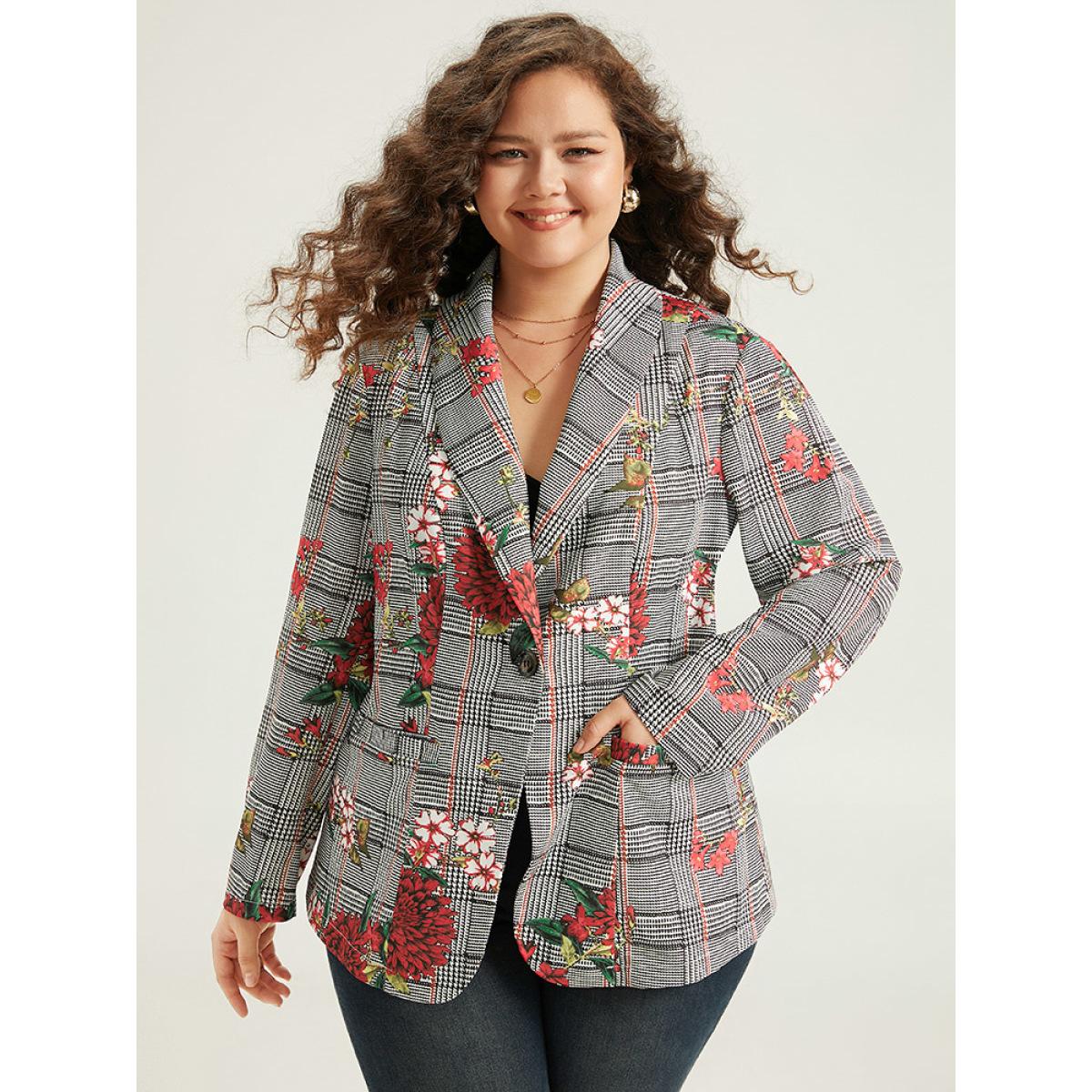 Plus Size Floral Plaid Patchwork Pocket Blazer Multicolor Women Dailywear Plaid Printed Sleeve Long Sleeve Lapel Collar 28/5X Pocket Elegant Blazers BloomChic Product Image