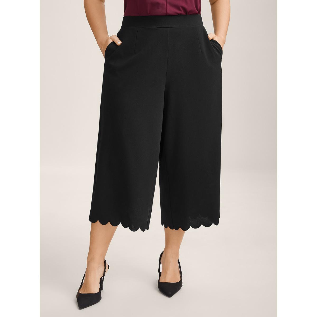 Plus Size Scalloped Hem Wide-Leg Solid Pants Women Black Office Wide Leg Mid Rise Office Pants BloomChic 12/L Product Image