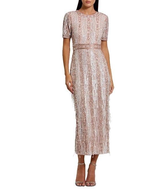 Mac Duggal Short Sleeve Sequined Beaded Sheath Midi Dress Product Image