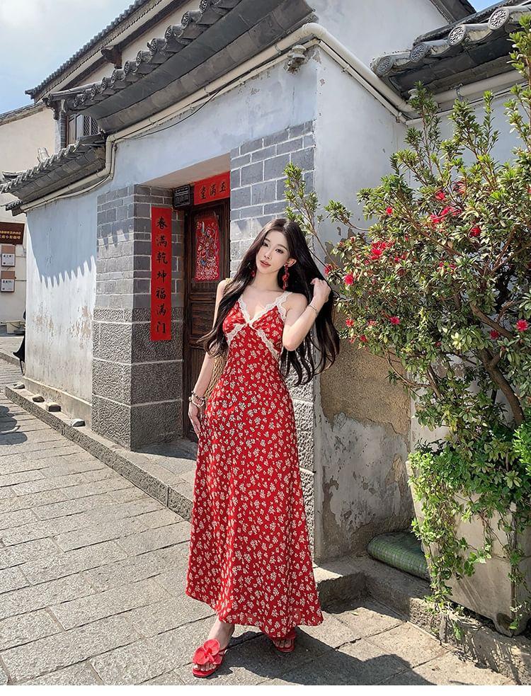 Spaghetti Strap Floral Lace Trim Midi A-Line Sundress Product Image