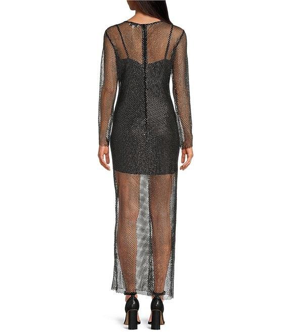 Gianni Bini Amora Rhinestone Crochet Sheer illusion Crew Neck Long Sleeve Sheath Midi Dress Product Image