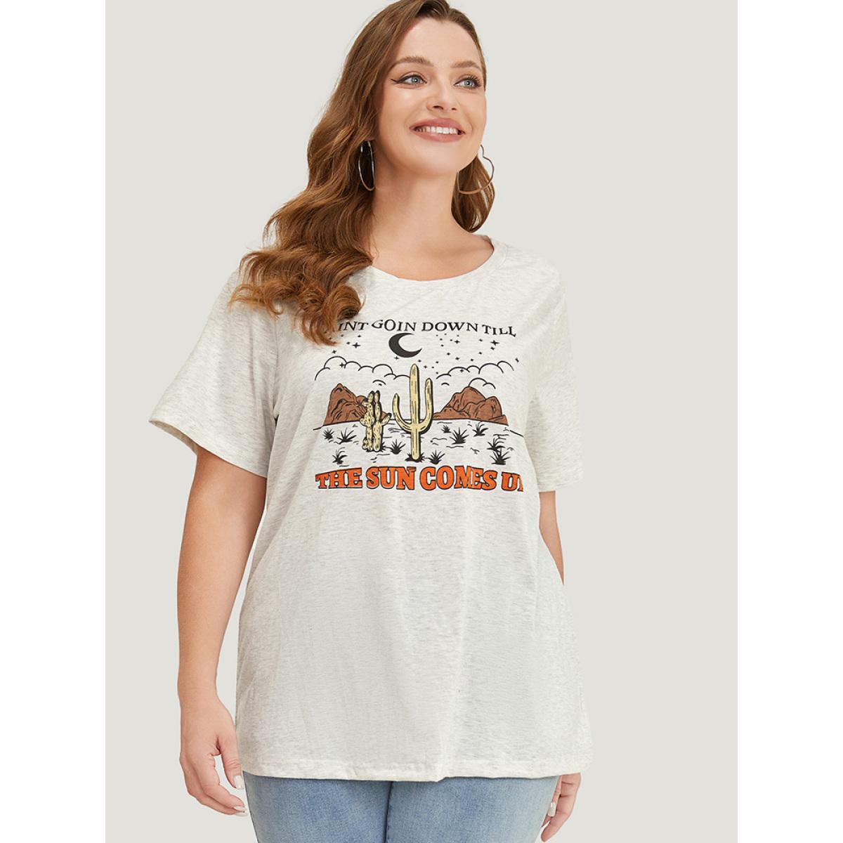Plus Size Cactus & Letter Print Short Sleeve Graphic Tee LightGray Women Casual Western Dailywear T-shirts BloomChic 28/5X Product Image