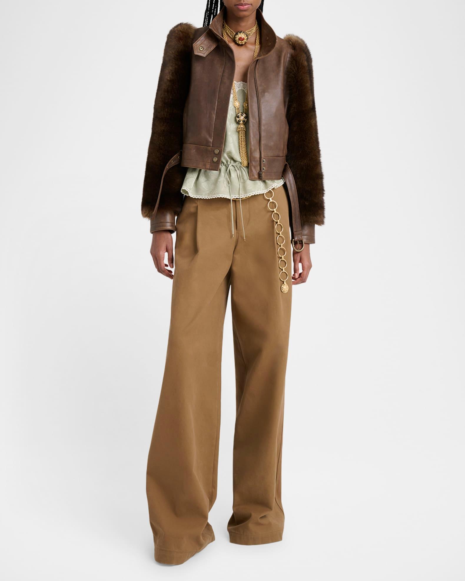 Faux Fur Sleeves Leather Bomber Jacket Product Image