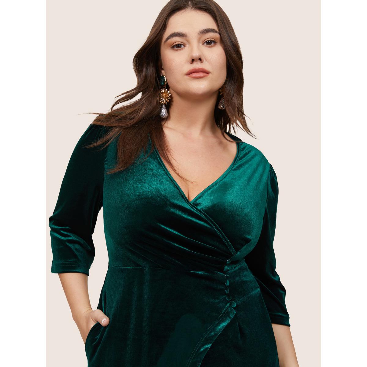 Plus Size Plain Velvet Wrap Gathered Split Front Dress DarkGreen Women Glamour Velvet Overlap Collar Elbow-length sleeve Curvy Midi Dress BloomChic 30/6X Product Image