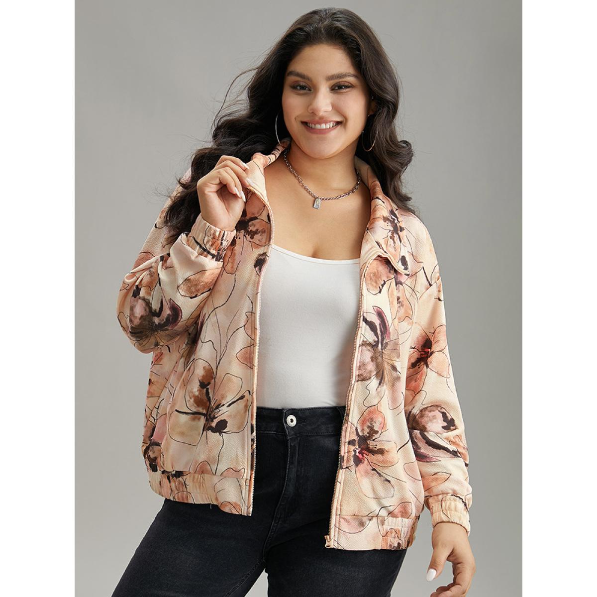 Plus Size Floral Zipper Gathered Elastic Cuffs Jacket Women Multicolor Elastic cuffs Pocket Dailywear Jackets BloomChic 22-24/3X Product Image