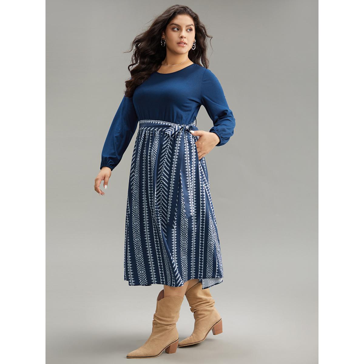 Plus Size Bandana Striped Patchwork Pocket Belted Dress Indigo Women Vacation Belted Round Neck Long Sleeve Curvy Midi Dress BloomChic 22-24/3X Product Image