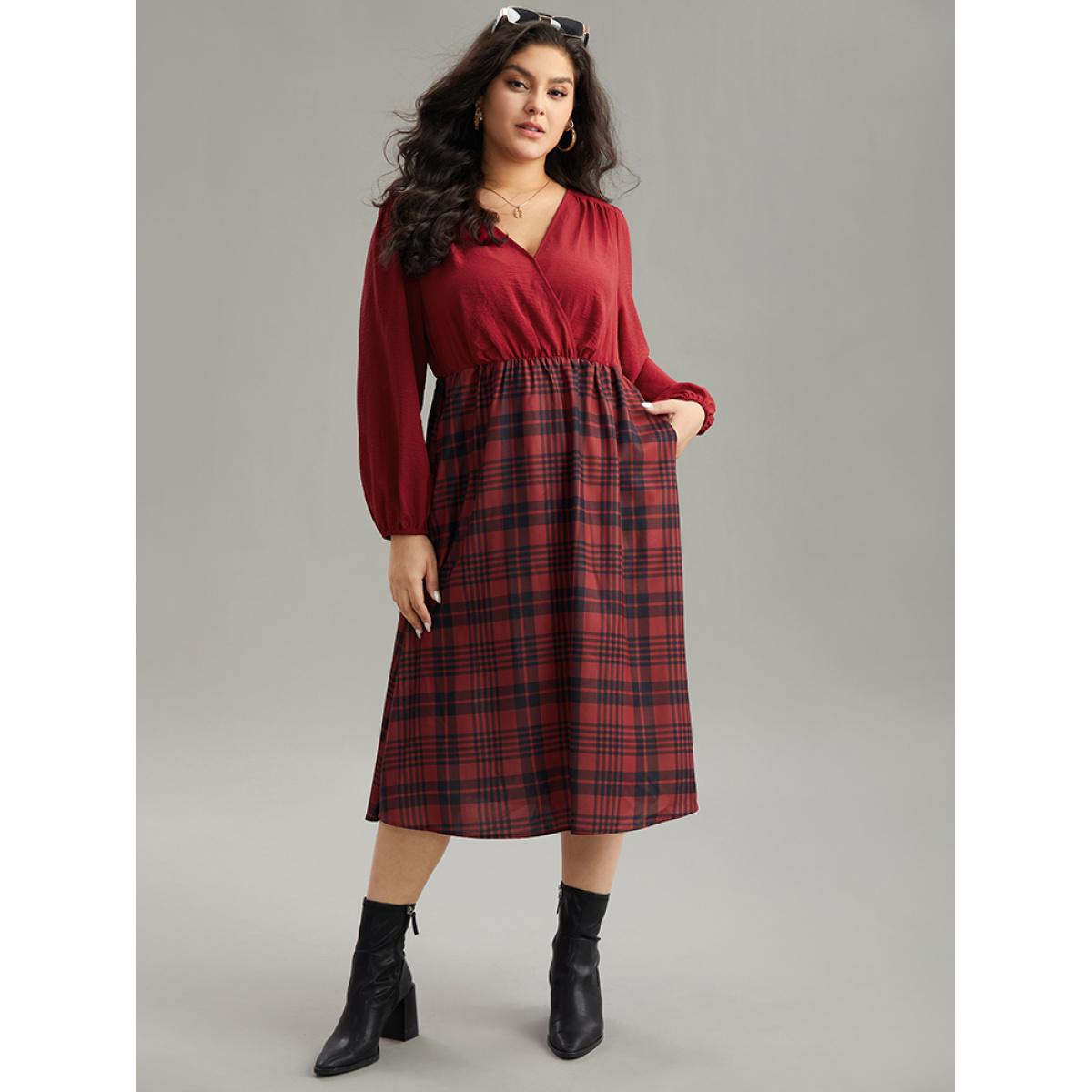 Plus Size Plaid Patchwork Gathered Lantern Sleeve Dress Raspberry Women Casual Elastic cuffs V-neck Long Sleeve Curvy Midi Dress BloomChic 18-20/2X Product Image