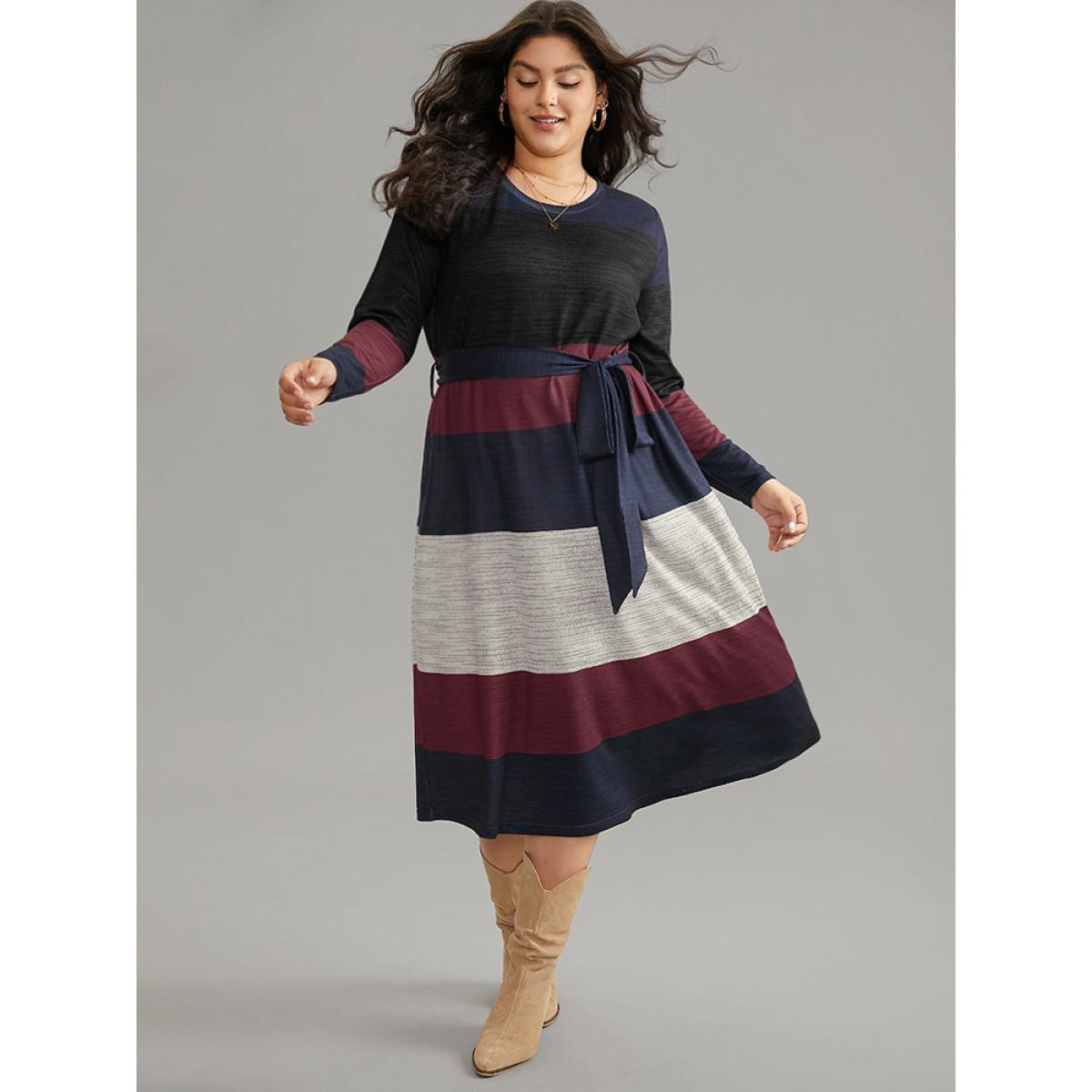 Plus Size Colorblock Contrast Heather Belted Dress DarkBlue Women Casual Non Round Neck Long Sleeve Curvy Midi Dress BloomChic 14-16/1X Product Image