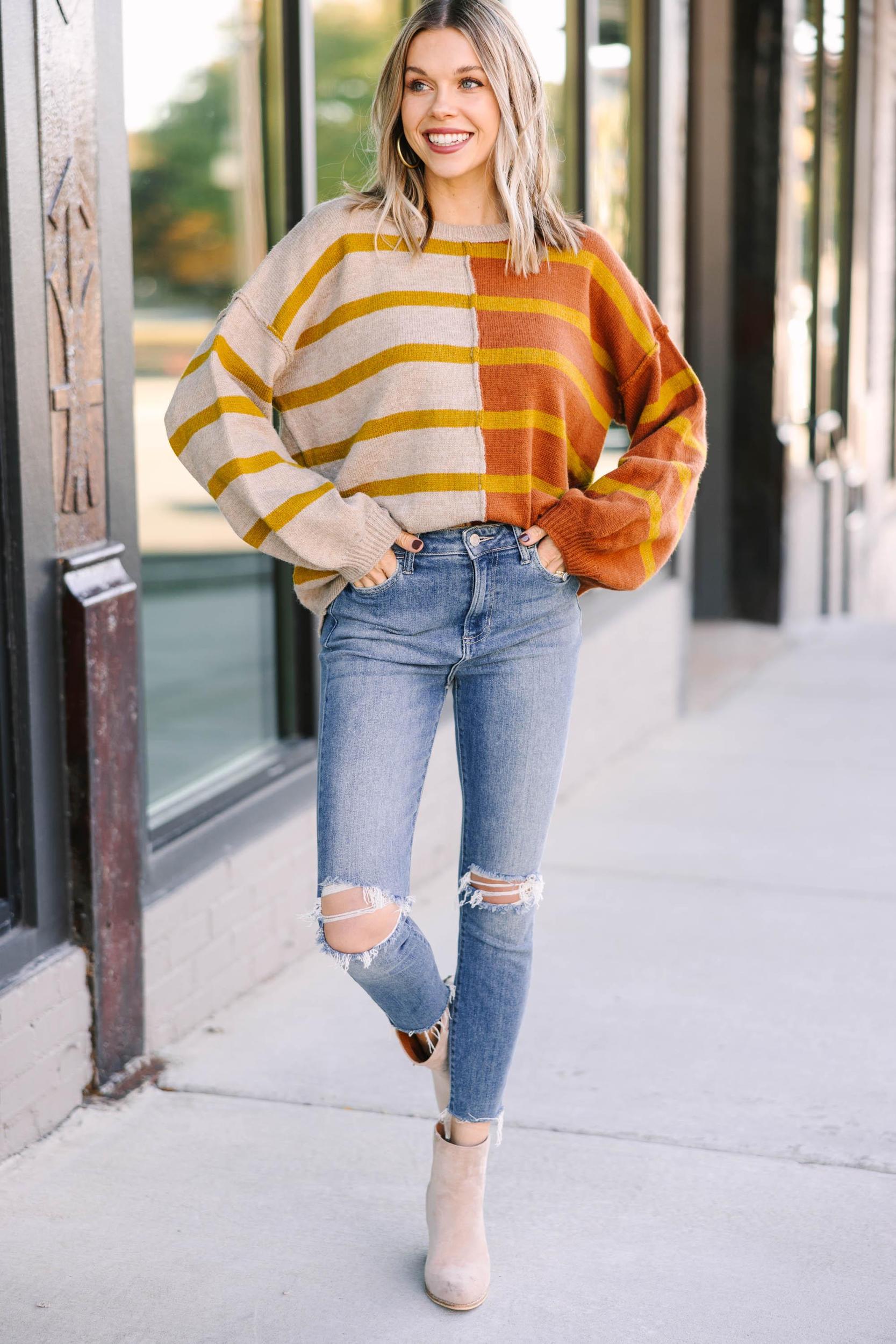 Back And Forth Rust Orange Striped Sweater Female Product Image