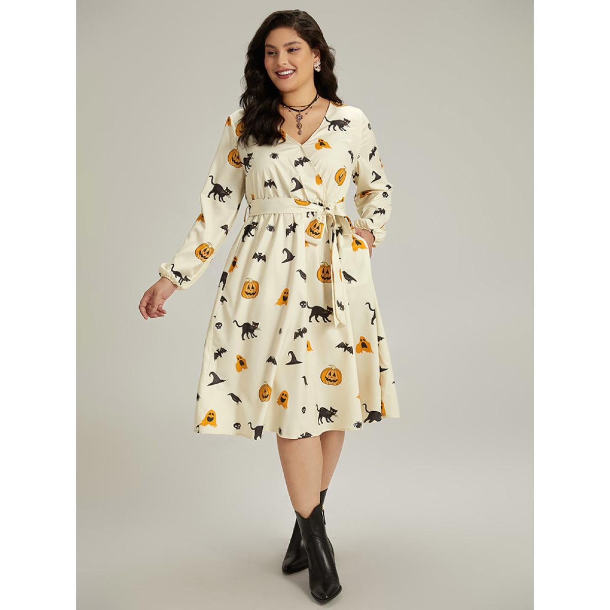 Plus Size Halloween Pumpkin & Bat Print Wrap Lantern Sleeve Dress Beige Women Office Elastic cuffs Overlap Collar Long Sleeve Curvy Midi Dress BloomChic 18-20/2X Product Image