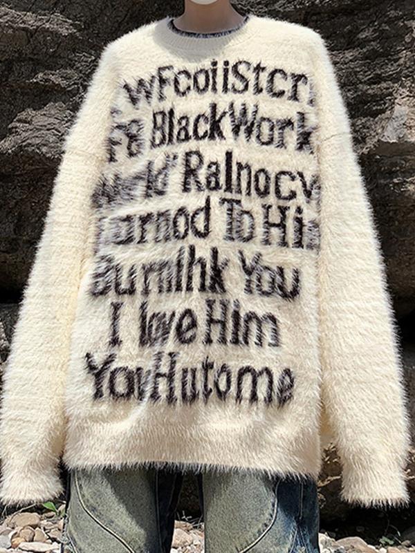 Men's Letter Jacquard Fuzzy Sweater Product Image