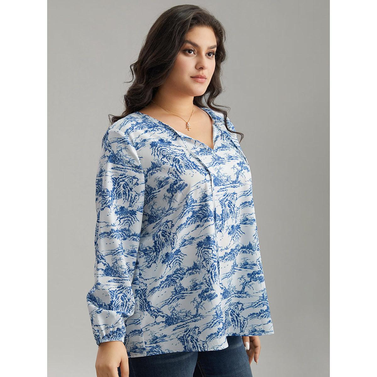 Plus Size Blue Landscape Print Tie Neck Blouse Women Elegant Long Sleeve Tie Neck Dailywear Blouses BloomChic 18-20/2X Product Image