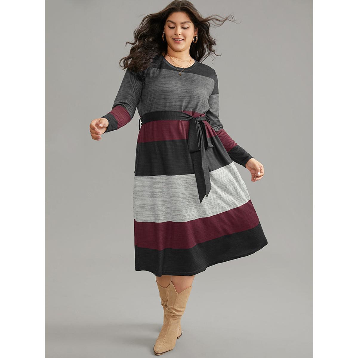 Plus Size Colorblock Contrast Heather Belted Dress Black Women Casual Non Round Neck Long Sleeve Curvy Midi Dress BloomChic 28/5X Product Image