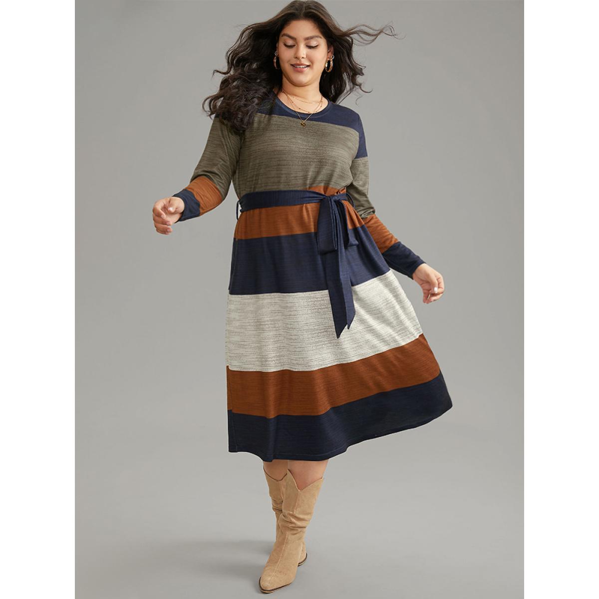 Plus Size Colorblock Contrast Heather Belted Dress Multicolor Women Casual Non Round Neck Long Sleeve Curvy Midi Dress BloomChic 12/L Product Image