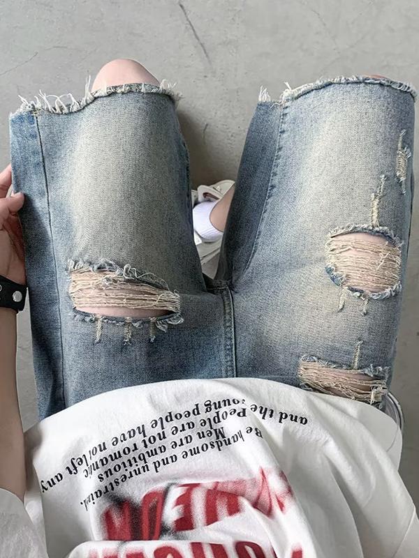 Men's Vintage Washed Ripped Denim Shorts Product Image