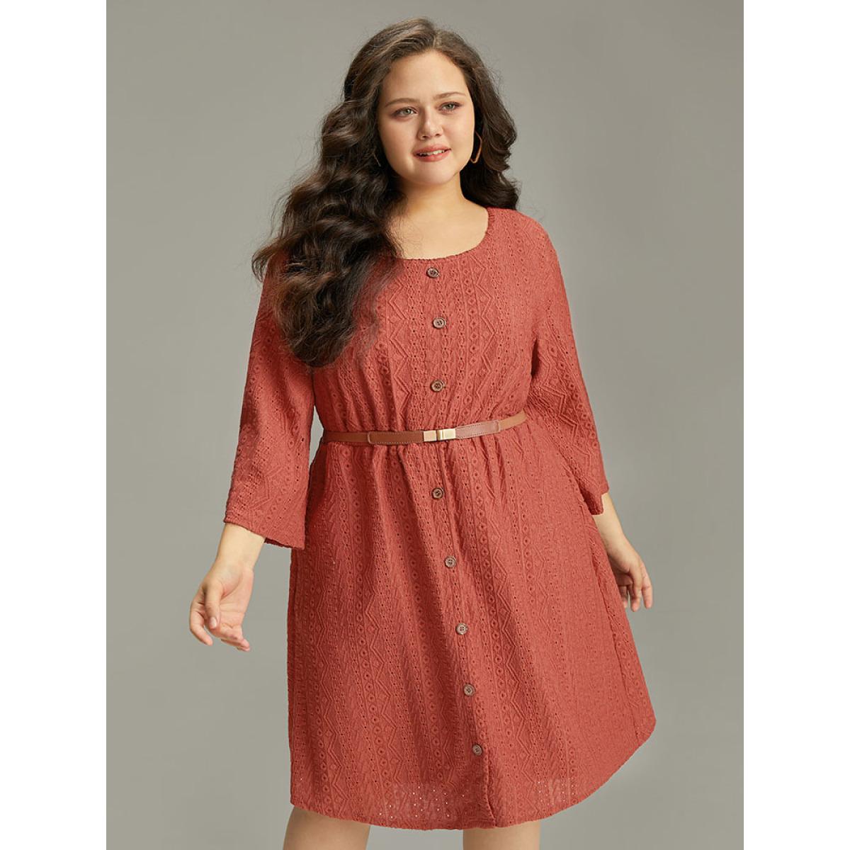 Plus Size Broderie Anglaise Button Through Pocket Dress Rust Women Casual Texture Round Neck Long Sleeve Curvy Knee Dress BloomChic 26/4X Product Image