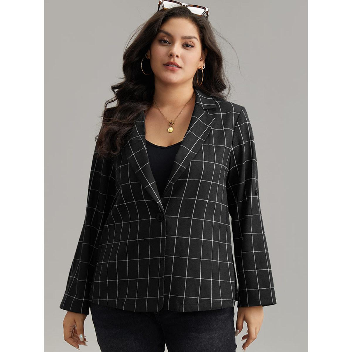 Plus Size Plaid Suit Collar Tab Sleeve Button Up Blazer Black Women Dailywear Plaid Contrast Sleeve Long Sleeve Suit Collar 28/5X Casual Blazers BloomChic Product Image