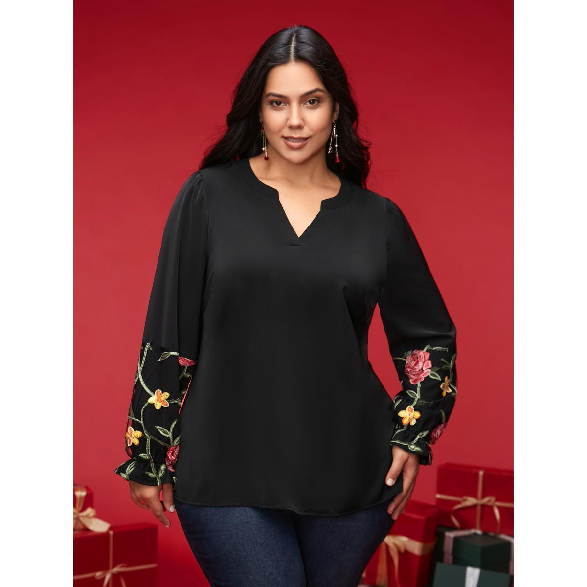 Plus Size Black Mesh Floral Embroidered Sleeve Blouse Women Elegant Long Sleeve Notched collar Everyday Blouses BloomChic 12/L Product Image