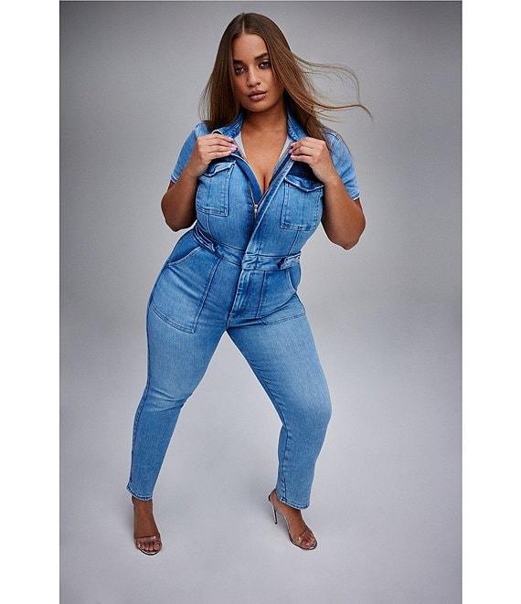 Good American Plus Size Fit For Success Short Sleeve Point Collar Straight Leg Stretch Denim Jumpsuit Product Image