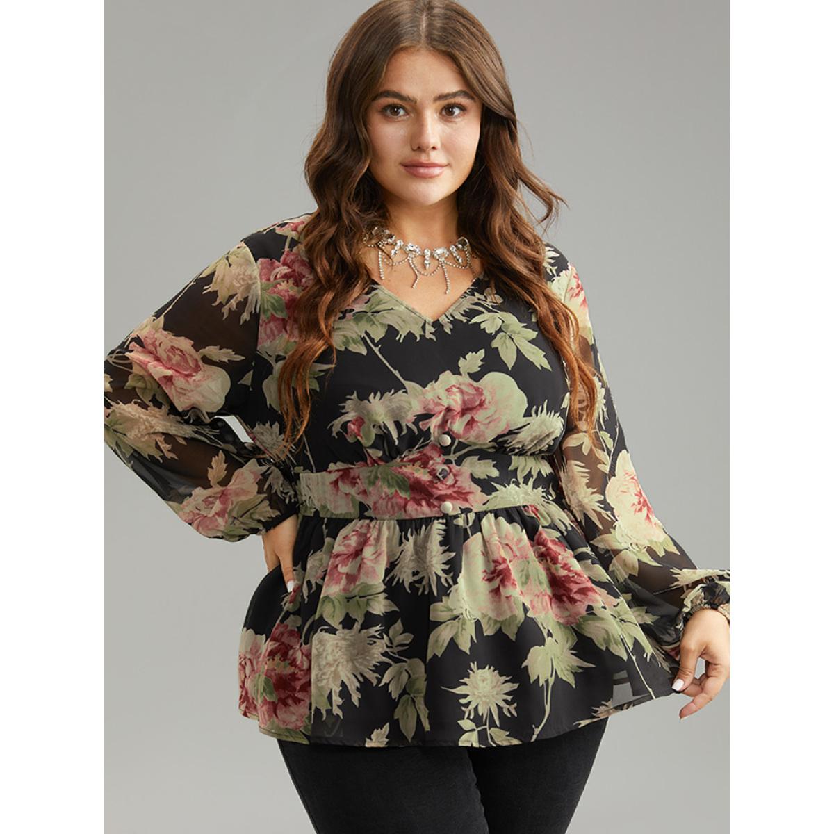 Plus Size Black Floral Flutter Hem Elastic Waist Blouse Women Elegant Long Sleeve V-neck Everyday Blouses BloomChic 28/5X Product Image