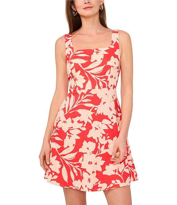Vince Camuto Woven Square Neck Sleeveless Floral Print A-Line Dress Product Image